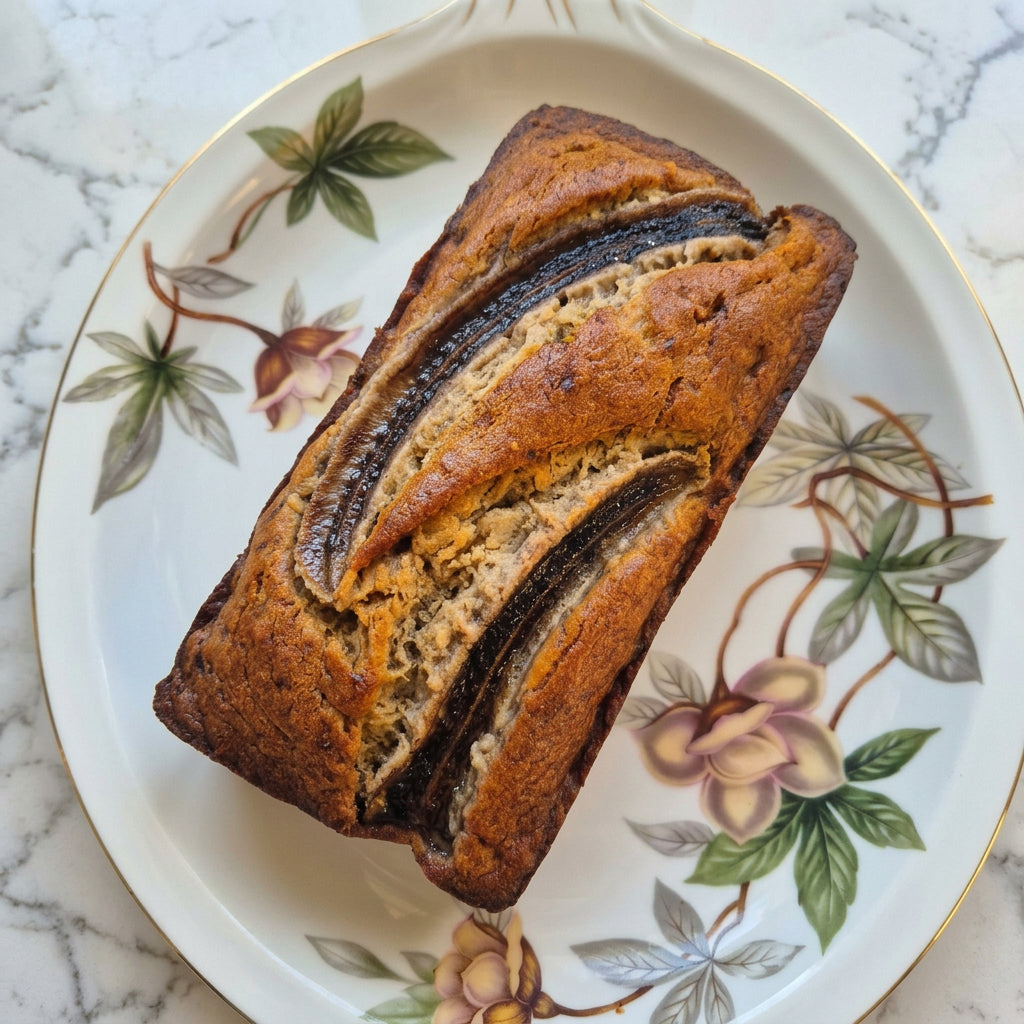 A loaf of banana bread with dark banana slices on top, served on a white floral ceramic plate on a marble countertop.