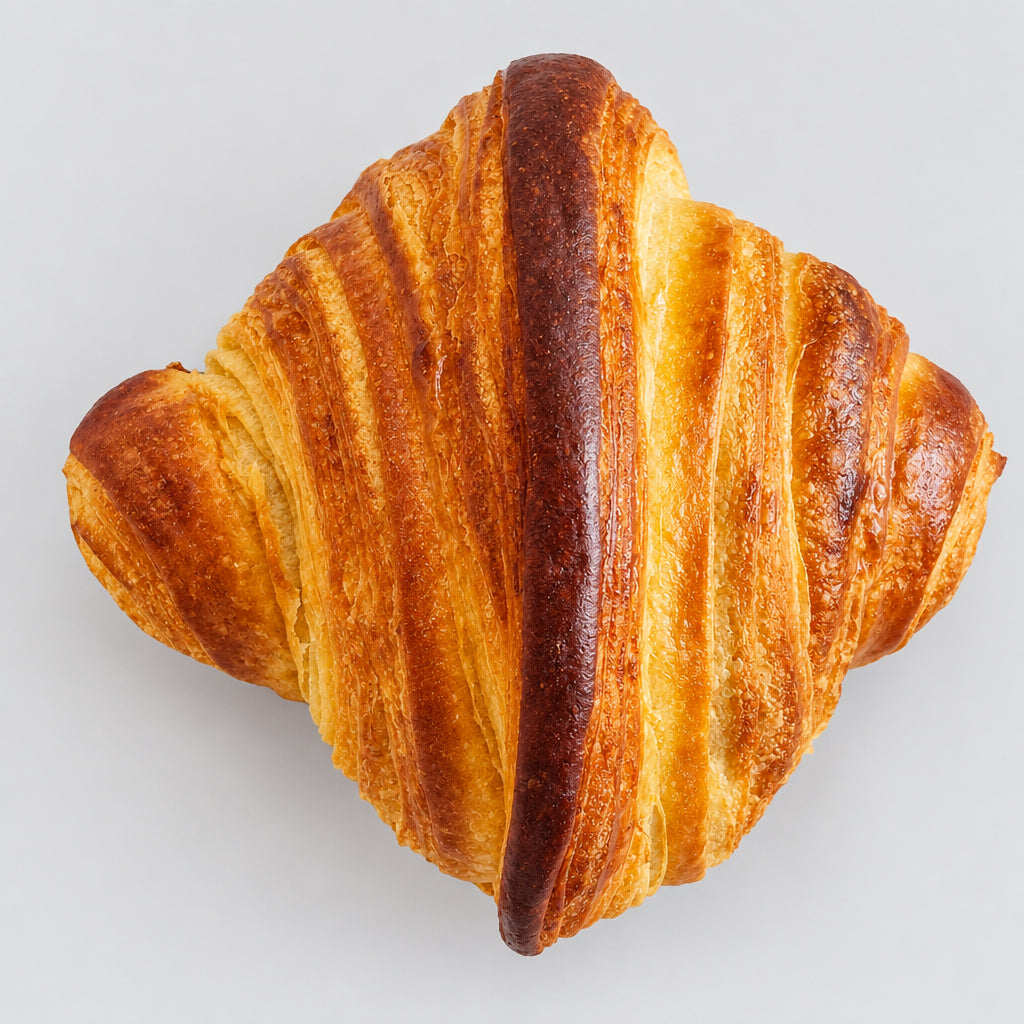 A golden-brown, flaky croissant pastry with a glossy glaze, presented on a white surface with a subtle floral pattern in the corners.