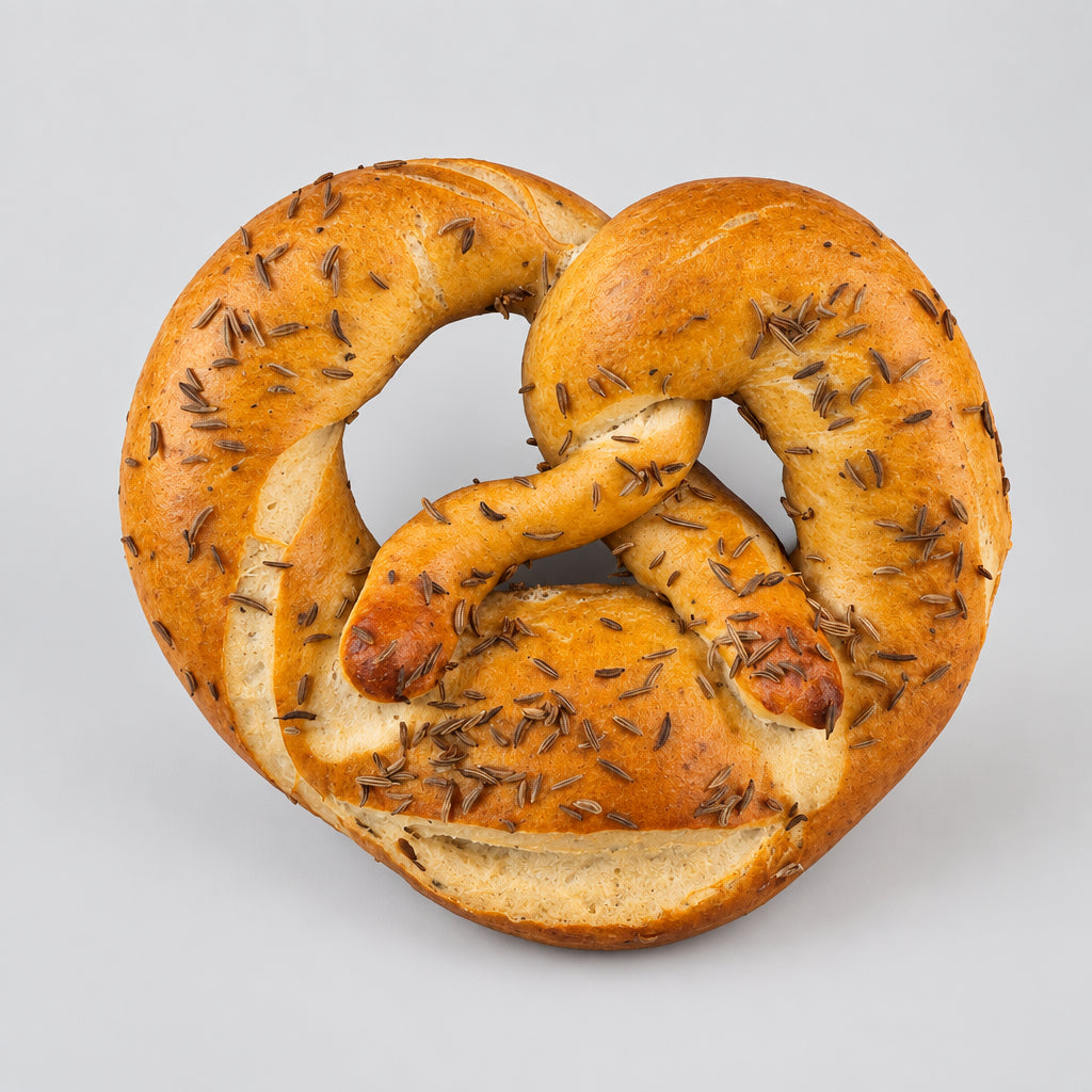 A heart-shaped pretzel bun topped with rye seeds, photographed from above on a light marble surface.