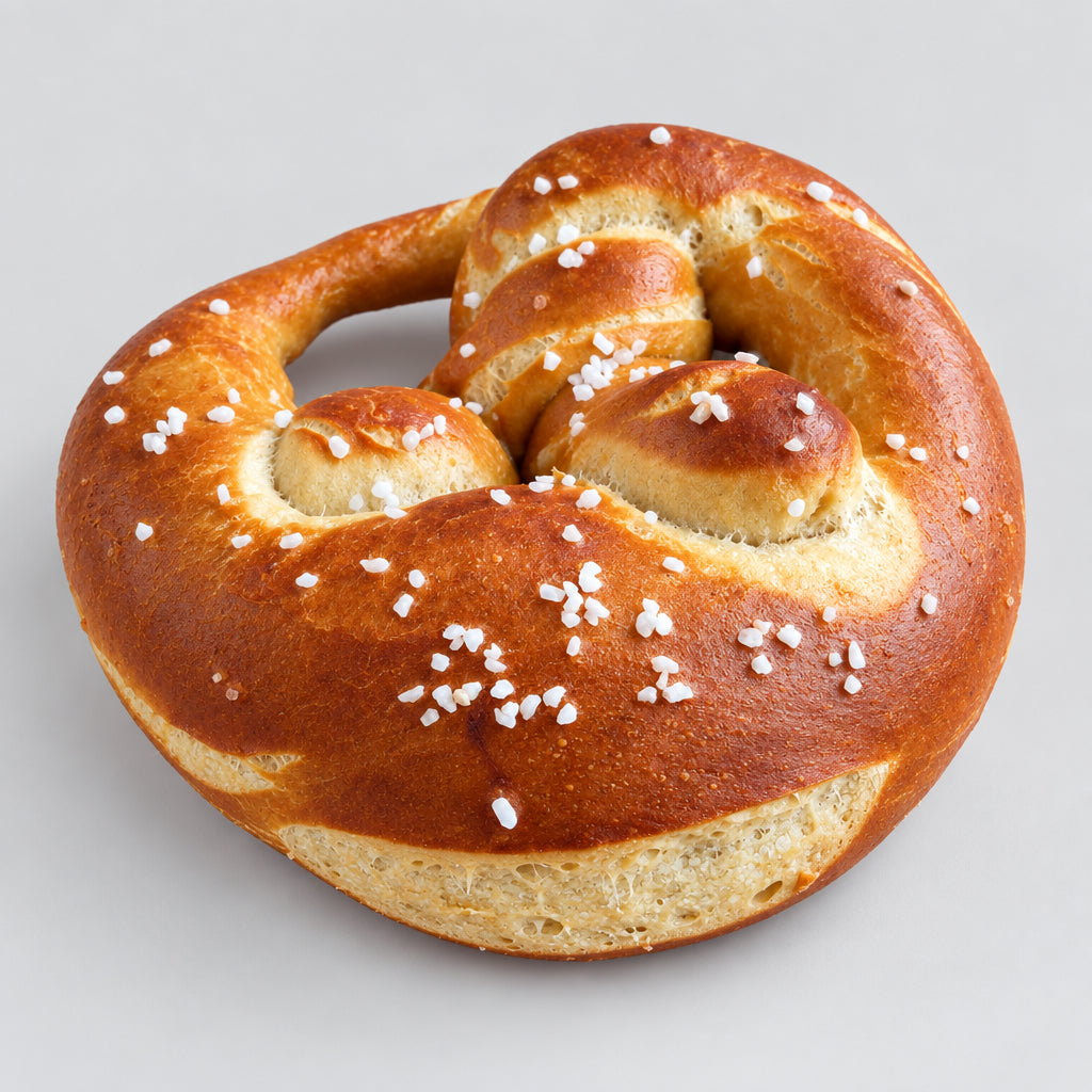 A golden-brown pretzel bread with coarse white sea salt sprinkles, presented on a rustic wooden cutting board.