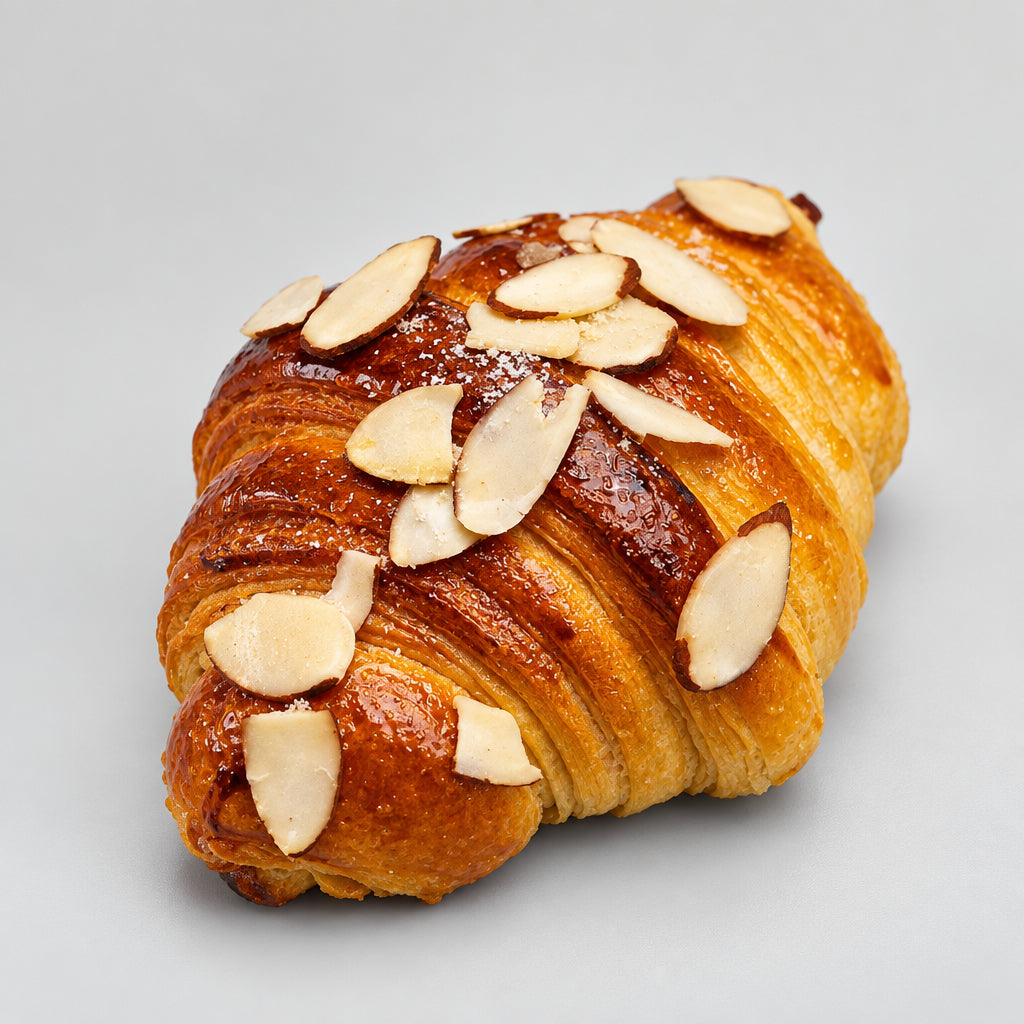 A flaky almond croissant topped with sliced almonds, served on a white ceramic plate with a floral pattern.